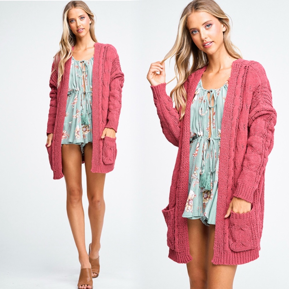 Cozy Soft Rose Pink Cable Knit Chenille Cardigan - Picture 5 of 12